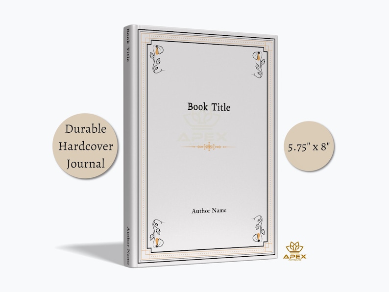 以下が含まれることがあります： 装飾的な枠と「Book Title」と「Author Name」のテキストが書かれた白いハードカバーのジャーナル。ジャーナルのサイズは14.6cm x 20.3cmです。