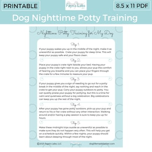 May include: A printable guide with blue and white polka dots on a light blue background. The guide is titled "Dog Nighttime Potty Training" and provides five steps for nighttime potty training a puppy. The steps include crating the puppy near the bed, taking the puppy outside immediately when it wakes up, and returning the puppy to the crate without interaction.