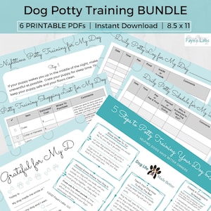 May include: A printable PDF bundle for potty training your dog. The bundle includes a daily potty log, a potty schedule, a shopping list, and a guide with five steps to potty training. The documents are designed with a teal and white colour scheme and feature a playful dog illustration.