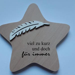 Erinnerung an ein Sternenkind, Geschenk für Sterneneltern, individuelle gestaltetes Trauergeschenk, Naturholz Stern, Feder, Schmetterling