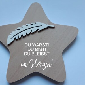 Erinnerung an ein Sternenkind, Geschenk für Sterneneltern, individuelle gestaltetes Trauergeschenk, Naturholz Stern, Feder, Schmetterling