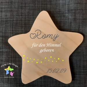 Erinnerung an Sternenkind, Andenken für Sternengeburtstag, Geschenk für Angehörige, Stern aus Holz Sterneneltern, Anstatt Trauerkarte