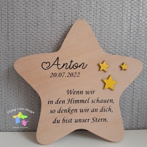 Erinnerung an ein Sternenkind, Geschenk für Sterneneltern, individuelle gestaltetes Trauergeschenk, Naturholz Stern, Feder, Schmetterling