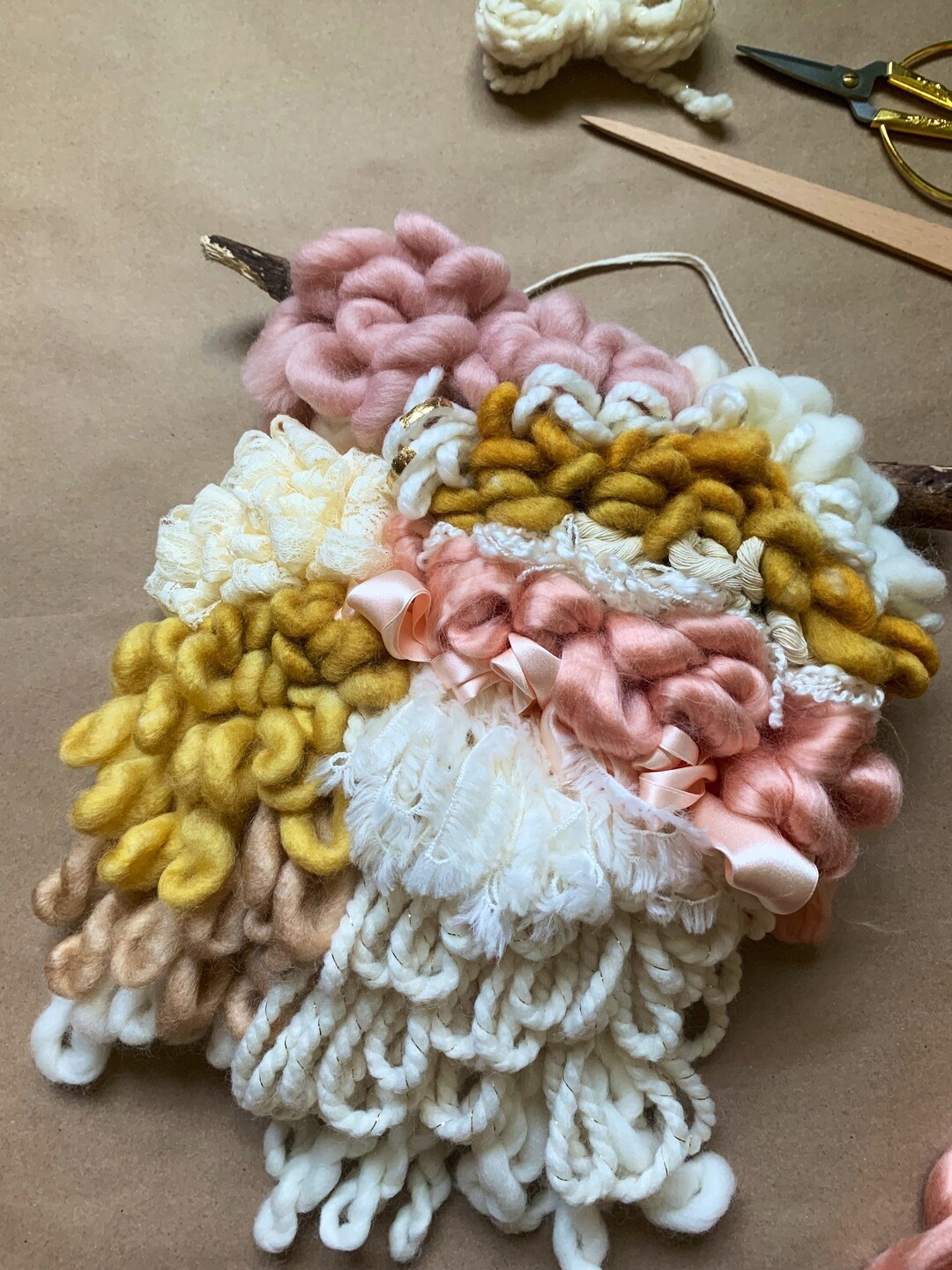 Pink Peony Fiber Art | Handmade Loopy Wool Wall Hanging - Etsy