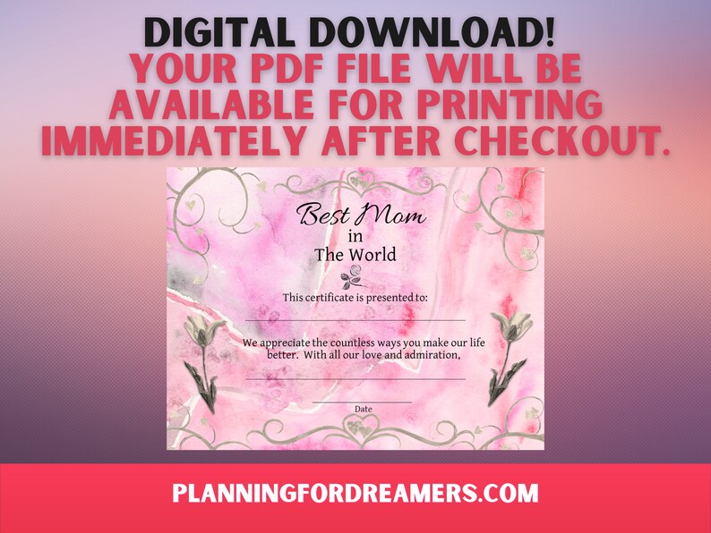 Printable PDF Best Mom in the World Certificate Mom Award - Etsy