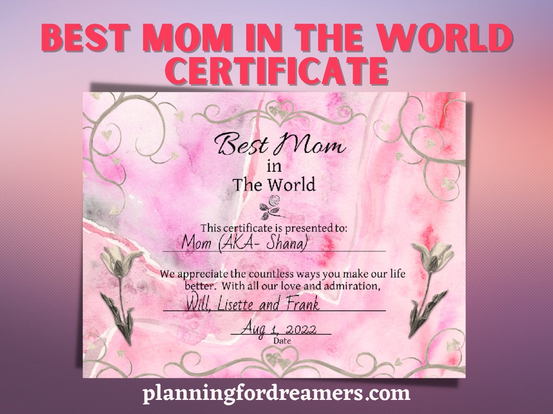 Printable PDF Best Mom in the World Certificate Mom Award - Etsy