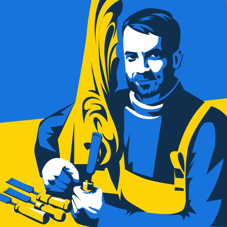 May include: Illustration of a person holding a chisel, with a blue and yellow color scheme. The person is wearing a dark blue shirt and white gloves. Several chisels are visible in the foreground. The background features a stylized design.