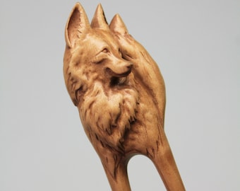 Hand Carved Fox Hair Fork, Alder Wood 2-Prong Hair Pin
