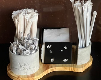 Stylish Concrete, Wood, and Metal Organizer for Cafés and More - Straw, Napkin, Sugar Holder