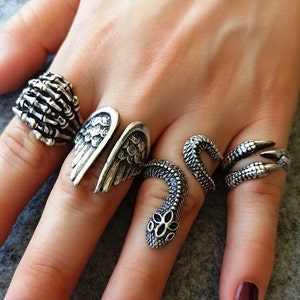 Skeleton Hands - Wing - Snake - Claw Silver Ring Set - Silver Plated Adjustable Handmade Ring Set