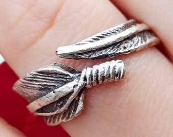 Adjustable Feather Ring: Silver Plated Angel Wing, Handmade