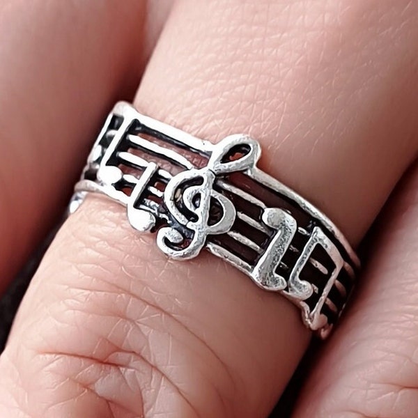 Bague note de clé de sol - Bague réglable en argent - Bague femme - Bague musicien - Cadeau pour musicien - Bague note de musique