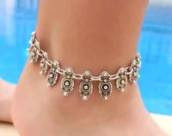 Antique Silver Boho Anklet: Adjustable Ethnic Ankle Bracelet