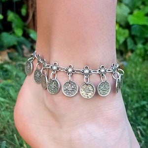 Handmade Tugra & Daisy Anklet – Adjustable Antique Silver Plated – Boho Beach Jewelry Gift for Women – Floral Ottoman Charm
