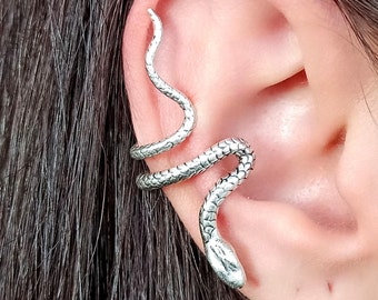 Pendiente trepador tipo aro con forma de serpiente, chapado en plata: sin perforación. Pendiente gótico envolvente.