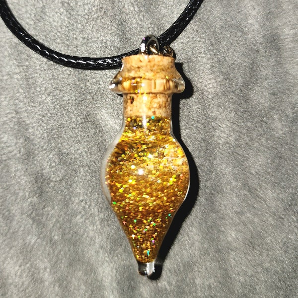Gold Glitter Mini Glass Teardrop Shaped Colorful Potion Bottle Necklace, Potion Bottle Jewelry, Potion Bottle Pendant