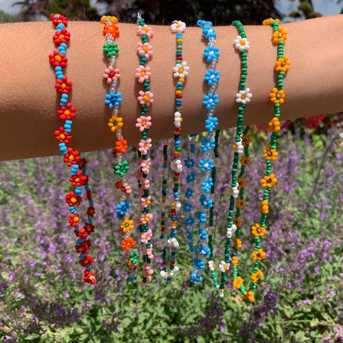 Lavender Beaded Flower Necklace Rainbow Beaded Necklace Etsy