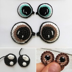 May include: A set of crocheted eyes in various colors and sizes. The eyes are made with brown, black, white, and turquoise yarn. The eyes are perfect for adding a unique touch to your amigurumi projects.