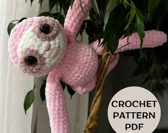 Crochet Sloth pink  plush pattern, Crochet sloth pattern, crochet tutorial, amigurumi pattern PDF English