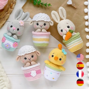 Crochet PATTERN SET Amigurumi Easter animals in pots: bunny, sheep, chick. Easter decoration PDF easy crochet pattern, Amigurumi and rattles image 1