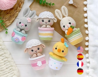 Crochet PATTERN SET Amigurumi Easter animals in pots: bunny, sheep, chick. Easter decoration PDF easy crochet pattern, Amigurumi and rattles