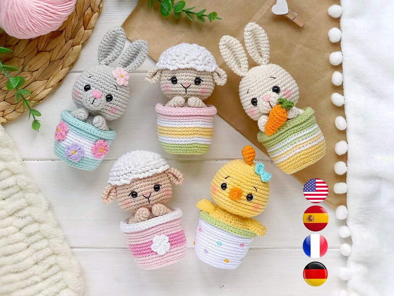 Crochet PATTERN SET Amigurumi Easter animals in pots: bunny, sheep, chick. Easter decoration PDF easy crochet pattern, Amigurumi and rattles image 1