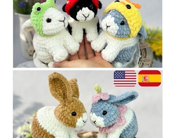 May include: Crocheted bunny toys in white, brown, and blue, some wearing hats shaped like a frog, strawberry, and duck. The bunnies are handmade and fluffy, perfect for children's play or as decorative items.
