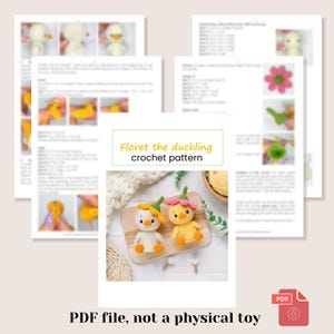 May include: A digital PDF crochet pattern titled Floret the duckling featuring instructions and photos for creating two small crocheted ducklings. One duckling wears a yellow flower hat with green leaves, and the other wears a pink flower hat.