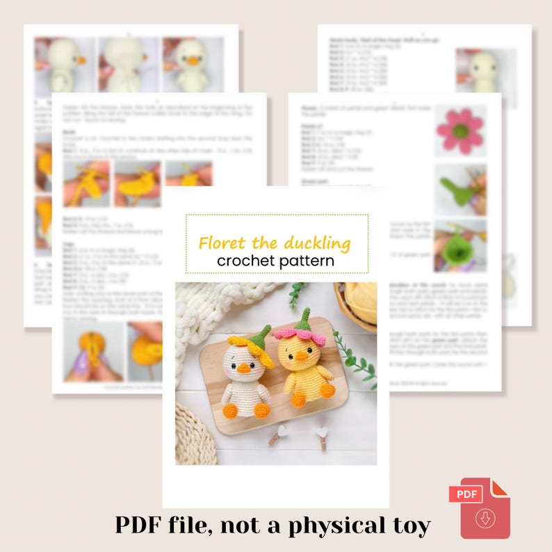 May include: A digital PDF crochet pattern titled Floret the duckling featuring instructions and photos for creating two small crocheted ducklings. One duckling wears a yellow flower hat with green leaves, and the other wears a pink flower hat.