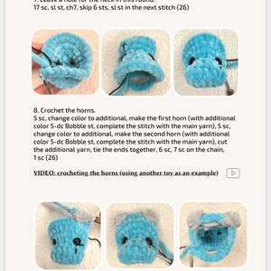 May include: A page from a crochet pattern book titled "Head". The page includes step-by-step instructions and images for crocheting a toy head, with details on creating the neck and horns. The text includes stitch counts and a video link.
