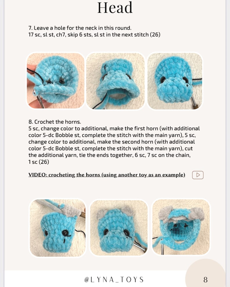 May include: A page from a crochet pattern book titled "Head". The page includes step-by-step instructions and images for crocheting a toy head, with details on creating the neck and horns. The text includes stitch counts and a video link.