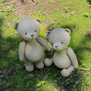 Peut inclure: Deux ours en peluche beige crochet&eacute;s sont assis sur de l'herbe verte. L'un se tient debout avec un bouton sur la poitrine, tandis que l'autre est assis. Les deux ont des yeux noirs et des traits cousus. Les ours sont faits &agrave; la main.