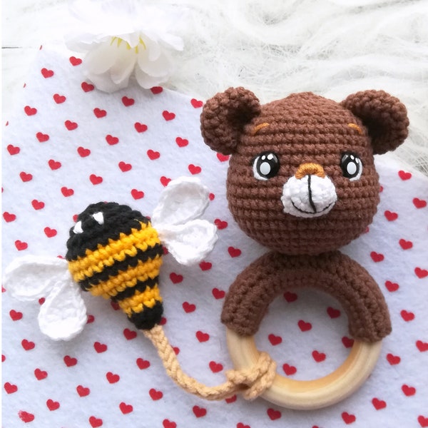 Crochet pattern rattle bear, teething ring bear, amigurumi baby toy pattern, Toys crochet patterns