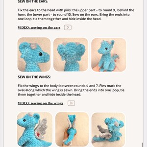 May include: Assembly instructions for a crocheted dragon toy. The guide shows how to sew on the ears and wings of the blue dragon. The text includes instructions and video links for each step. The dragon has gray wings and a small horn.