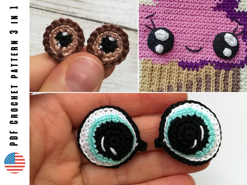 May include: Three crocheted eyes in different colors and styles. The eyes are brown with white pupils, black with white and turquoise accents, and black with white accents. The eyes are shown on a hand.