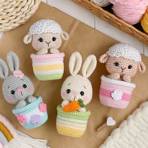Crochet PATTERN SET Amigurumi Easter animals in pots: bunny, sheep, chick. Easter decoration PDF easy crochet pattern, Amigurumi and rattles image 2
