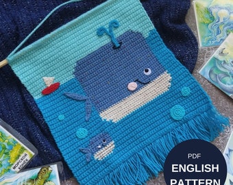 Appendiabiti da parete all'uncinetto Modello balene PDF Tutorial decorazione parete mare inglese Balena Arazzo fai da te per cameretta dei bambini Pannello cetacei Modello da appendere alla parete