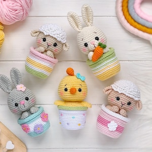 Crochet PATTERN SET Amigurumi Easter animals in pots: bunny, sheep, chick. Easter decoration PDF easy crochet pattern, Amigurumi and rattles image 9