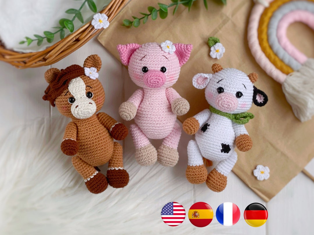 SET of 3 CROCHET PATTERNS Farm Animals Horse, Cow, Pig. Easy Crochet