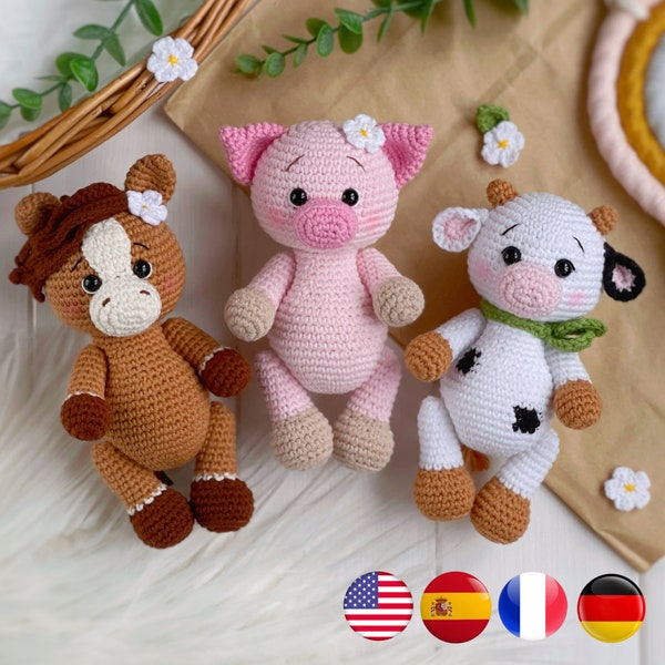 SET of 3 CROCHET PATTERNS farm animals: horse, cow, pig. Easy crochet animal pattern, Crochet toy amigurumi pattern, Amigurumi and rattles
