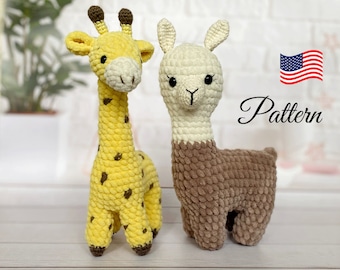 Crochet Pattern Set Animals. Amigurumi pattern crochet giraffe. Crochet Llama toy. Crochet patterns toy
