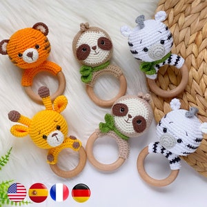 SET of 4 crochet PATTERN baby rattles – safari animals giraffe, sloth, zebra, tiger.Crochet baby rattle PDF pattern, Amigurumi and rattles