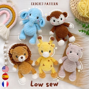 Crochet PATTERN SET 5 safari animals: giraffe, lion, hippo, elephant, monkey. Low sew amigurumi plushies pattern PDF, Amigurumi and rattles