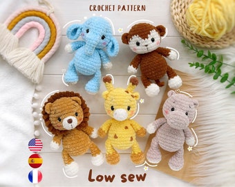 Crochet PATTERN SET 5 safari animals: giraffe, lion, hippo, elephant, monkey. Low sew amigurumi plushies pattern PDF, Amigurumi and rattles