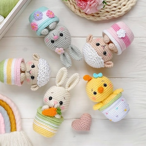 Crochet PATTERN SET Amigurumi Easter animals in pots: bunny, sheep, chick. Easter decoration PDF easy crochet pattern, Amigurumi and rattles image 6