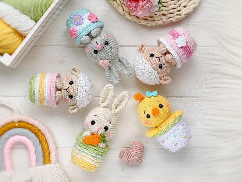 Crochet PATTERN SET Amigurumi Easter animals in pots: bunny, sheep, chick. Easter decoration PDF easy crochet pattern, Amigurumi and rattles image 6