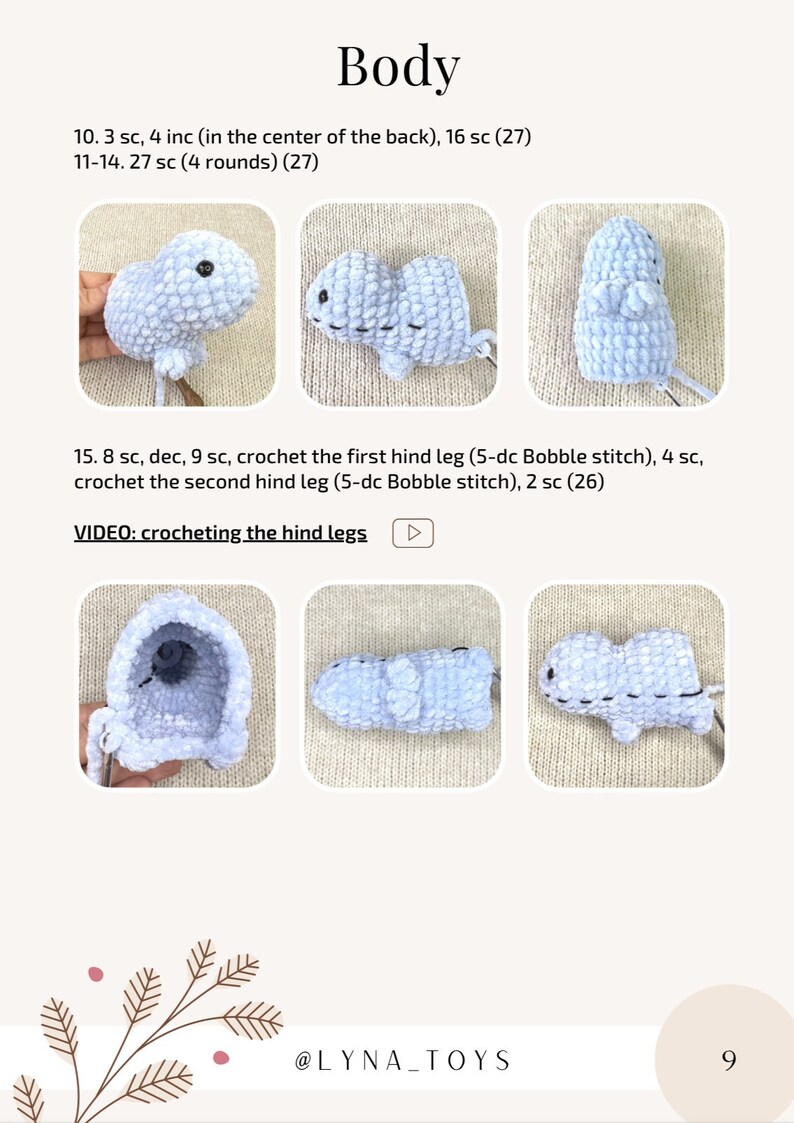 Puede incluir: Un patr&oacute;n de crochet paso a paso para hacer un juguete de peluche azul claro. El patr&oacute;n incluye instrucciones para tejer el cuerpo, las piernas y la cabeza. El patr&oacute;n est&aacute; escrito en ingl&eacute;s e incluye fotos de cada paso. El patr&oacute;n es para principiantes en crochet. El patr&oacute;n se titula "Body" e incluye el texto "@LYNA_TOYS" y el n&uacute;mero "9".