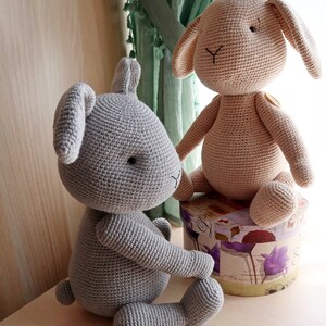 Op de afbeelding: Twee gehaakte knuffels van konijnen, een grijs en een lichtbruin, zittend op een doos met bloemenprint. Het grijze konijn zit op de vloer en het bruine konijn zit op de doos.