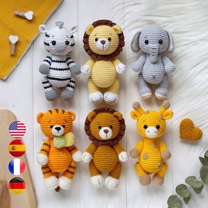 Amigurumi SUPER PACK 5 in 1 crochet PATTERNS: tiger, zebra, elephant, giraffe, lion. Safari animal easy pattern pdf. Amigurumi and rattles