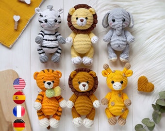 Amigurumi SUPER PACK 5 in 1 Häkelanleitungen: Tiger, Zebra, Elefant, Giraffe, Löwe. Safari Tier einfache Anleitung pdf. Amigurumi und Rasseln